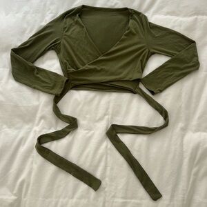 Olive Army Green Cropped Long Sleeve Top with Ties